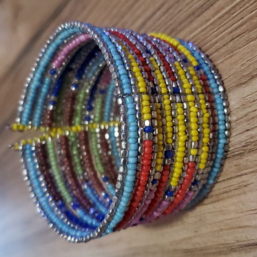 Beaded red yellow blue teal silver cuff bracelet